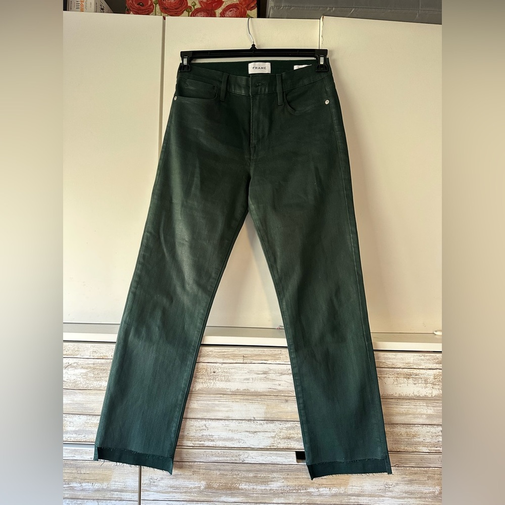 👖 FRAME Le High Straight Coated Green High Rise Jeans 29 NWOT Raw Hem